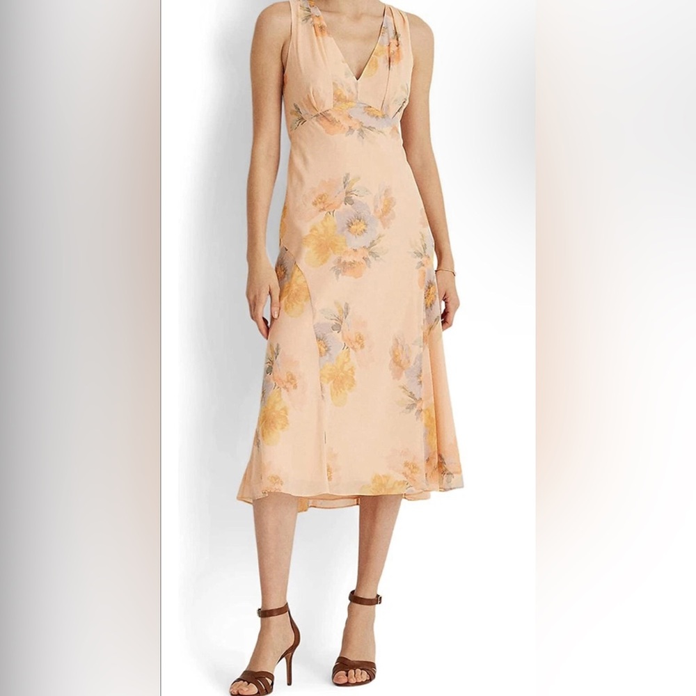 Ralph Lauren Peach Floral Midi Skirt with Yellow and Lavender Blooms